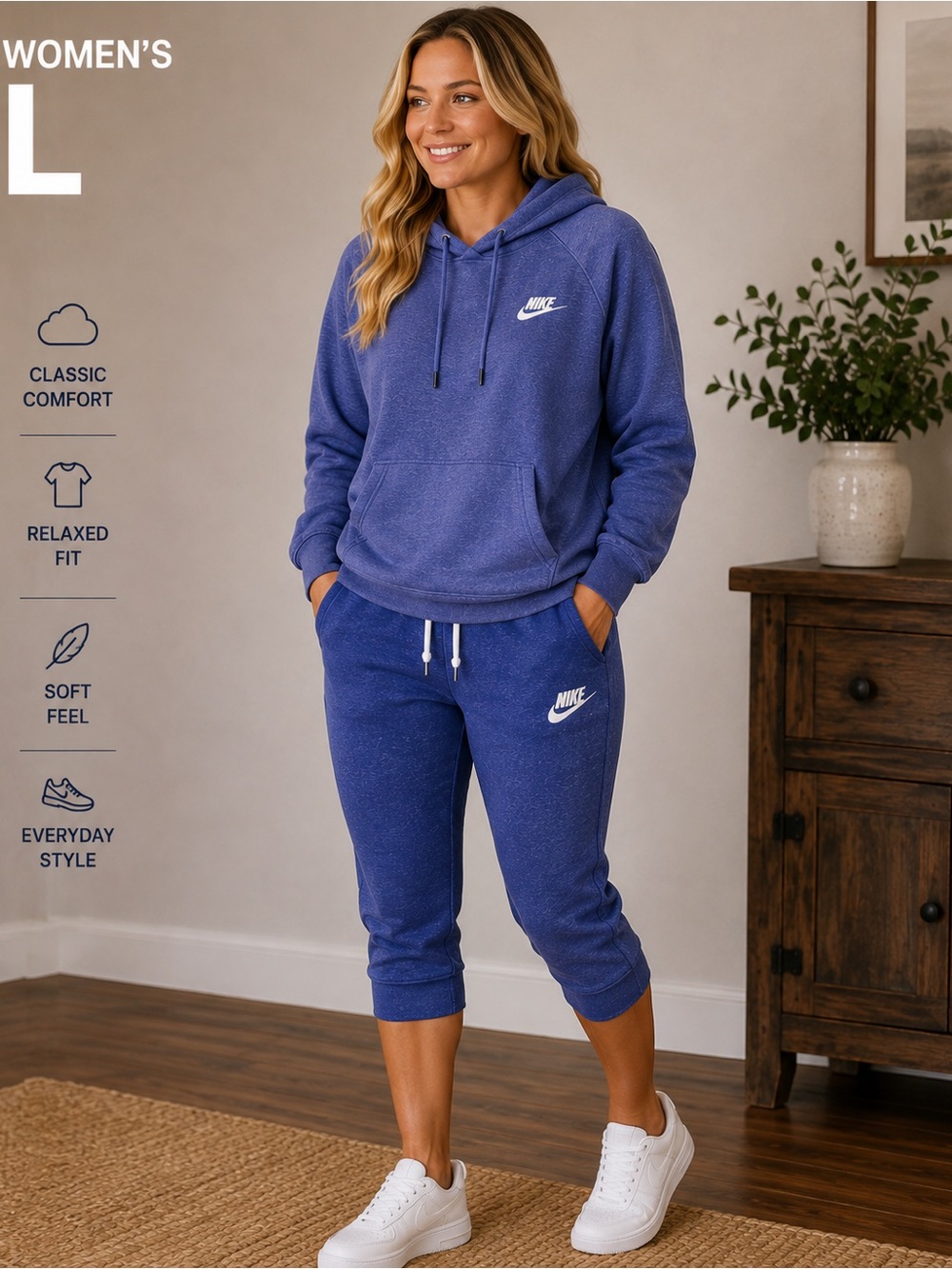 Nike Women's large Royal Blue Cropped Fleece Jogger Capris with hoodie